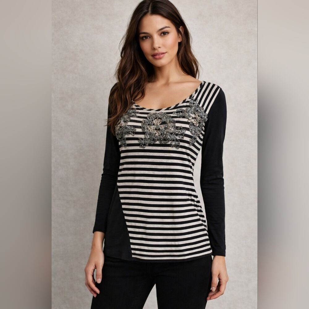 Cartise Black & Gray Striped Beaded Soft Stretch Blouse Sz.L #1500